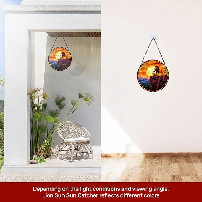 GENANY Lion Stained Glass Window Hanging, Animal Sun Catcher with Metal Chain and Hook, Lion Spring Ornament Gifts for Women Men, Spring Home Decorations, Wildlife Themed Housewarming Gifts