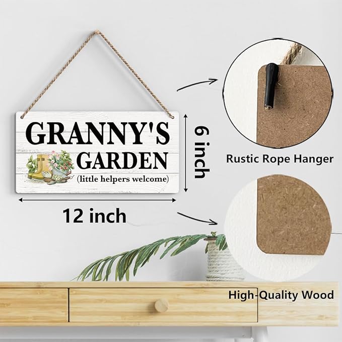 Granny Gifts Outdoor Garden Wooden Sign Decor, Indoor Garden Decoration Hanging Signs 12x6 Inches, Outdoor Porch Yard Wall Art Decor Sign, Mother's Day Gifts Birthday Gift for Mom Grandma