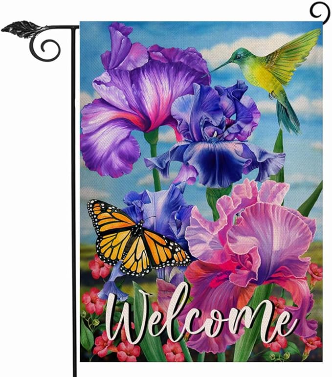 Hzppyz Welcome Spring Hummingbird Iris Garden Flag Double Sided, Purple Flower Bird Yellow Butterfly Decorative House Yard Outdoor Small Decor, Summer Floral Arrangement Home Outside Decoration 12x18