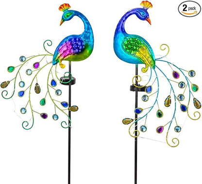 DREAMSOUL 2 Pack Peacock Solar Lights Outdoor, Waterproof Metal Peacock Outdoor Solar Lights for Yards Pathway Lawn Decoration Peacock Gifts