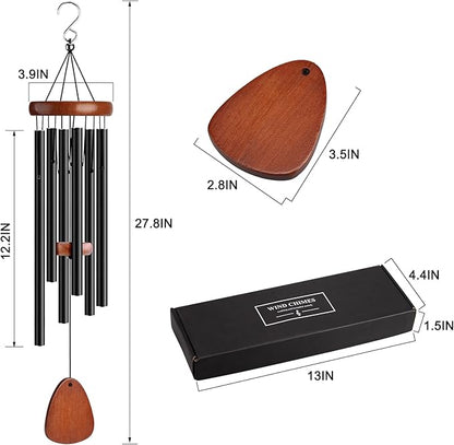 Wind Chimes for Outside Large Outdoor - Memorial Wind Chime Large Deep Tone, Wooden Black Aluminum Chime with 6 Tuned Tubes, Great as a Gift for Home Decor, Patio, Garden and Backyard