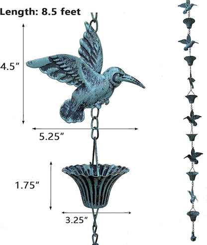 Rain Chain 8.5FT, Hummingbird and Cup Rain Chains for Gutters, Functional Replacement for Downspout, Metal Rainwater Catcher Chain, Outdoor Garden Decor, Antique Blue