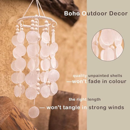 Capiz Shell Wind Chime, Shell Wind Chimes for Outside, Sea Glass Seashell Windchimes Outdoors, Unique Outdoor Boho Decor for Patio Garden Balcony Porch, 7" W X 23" H, Remmdan