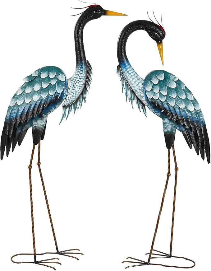 Extra-Large 45.3" Crane Decor, Handcrafted Metal Heron Lawn Sculptures with Stable U-Ground Stakes, Backyard Decoration, Metal Garden Bird Animal Yard Art, Lawn Ornament