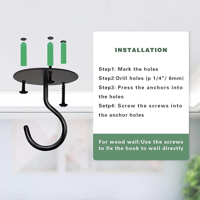 Ceiling Hooks for Hanging Plants, Metal Plant Hooks Wall Mount Hangers for Hanging Plants, Bird Feeders, Wind Chimes, Lanterns, Planters - Outdoor Decoration Hooks (3 Pack) (Black)