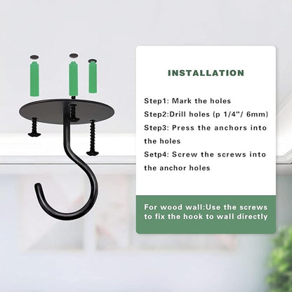 Ceiling Hooks for Hanging Plants, Metal Plant Hooks Wall Mount Hangers for Hanging Plants, Bird Feeders, Wind Chimes, Lanterns, Planters - Outdoor Decoration Hooks (3 Pack) (Black)