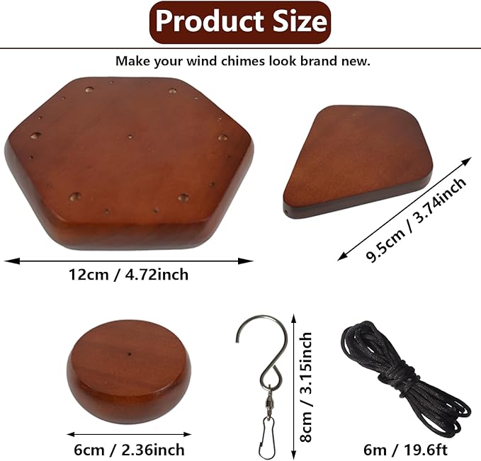 Wind Chime Kit 28 PCS Wind Chime Replacement Parts Including Hexagon Top, Clapper, Wind Catcher, 19.6FT Nylon Cord, DIY Wood Windchime Supplies (Brown)