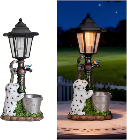 Solar Dalmatian Dog Garden Statue with Light-13 inches - Outdoor Waterproof decor with automatic lighting，perfect for Lawn,Patio, Yard-with Bucket & Bird Figurine for Dog Lovers, Mom, Grandma