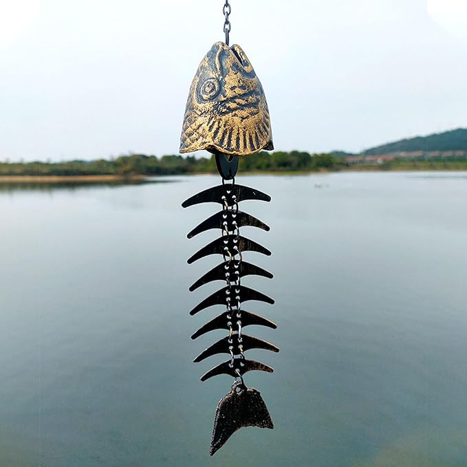 Fish Wind Chime, Fishbone Wind Chime, Fish Bone Cast Iron Wind Chimes Vintage Metal Wind Chimes Outdoor Soothing Melody for Garden Home Yard Porch Hanging Decor (Bronze)