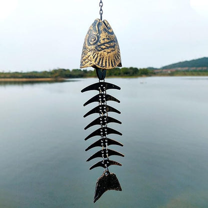 Fish Wind Chime, Fishbone Wind Chime, Fish Bone Cast Iron Wind Chimes Vintage Metal Wind Chimes Outdoor Soothing Melody for Garden Home Yard Porch Hanging Decor (Bronze)