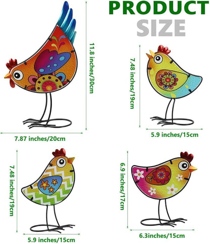 4 Pack Chicken Garden Decor for Outside, Rooster Glass & Metal Yard Art Decoration for Porch Patio, Bird Garden Statues Gifts for Grandma Mom Women (Colorful)