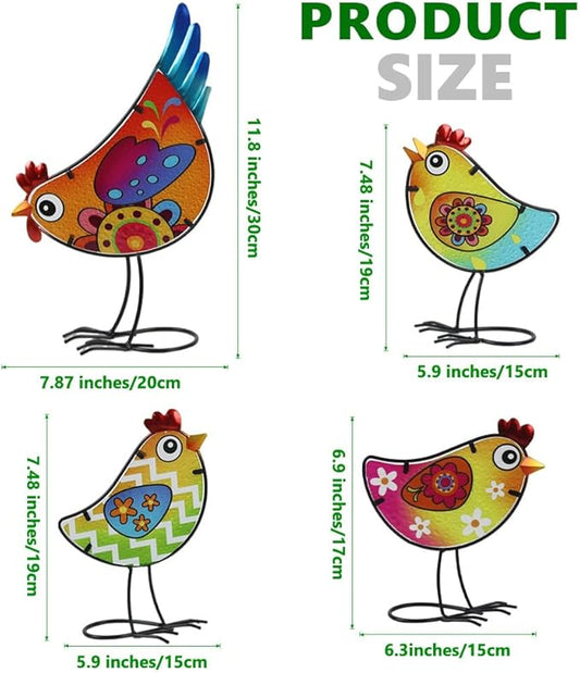 4 Pack Chicken Garden Decor for Outside, Rooster Glass & Metal Yard Art Decoration for Porch Patio, Bird Garden Statues Gifts for Grandma Mom Women (Colorful)