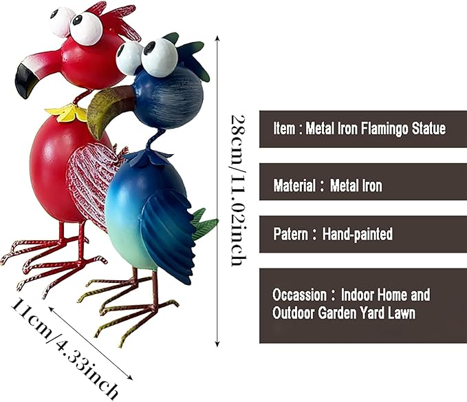 Flamingo Decor Statue Outdoor Garden Yard Metal Sculpture Home Patio Lawn Backyard Art Figurine Decorations Ornaments (C, Blue + Red)