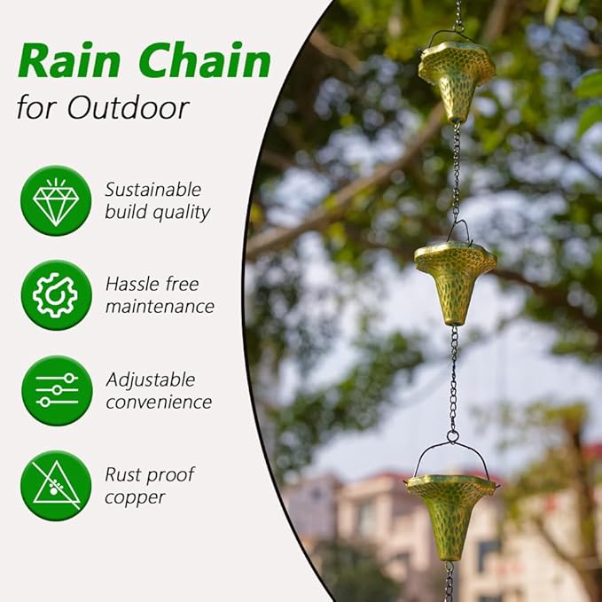 9.7ft Rain Chain, Rain Chain for Outside with 10 Funnel Shaped Cups Adjustable Metal Chain Rain Catcher Chain for Gutters, Eaves, Drains, Replacement Downspouts (Green)