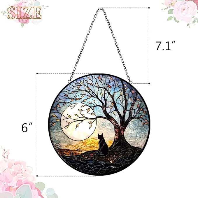 Black Cat Suncatcher Stained Glass Windows Hanging - Cat on a Tree Suncatchers for Windows Hanging - Handmade Sun Catchers Indoor Home Outdoor Garden Decor - Memorial Gifts for Cat Lover Women Men
