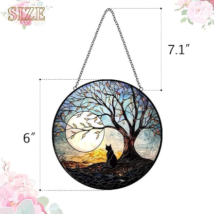 Black Cat Suncatcher Stained Glass Windows Hanging - Cat on a Tree Suncatchers for Windows Hanging - Handmade Sun Catchers Indoor Home Outdoor Garden Decor - Memorial Gifts for Cat Lover Women Men