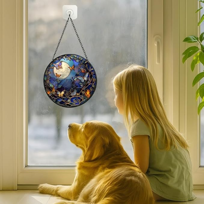 Stained Glass Window Hanging - Bluebird Perched on Branch Artwork 6.3in Sun Catchers Indoor Stained Glass Panels Wall Decor for Mom,Wife,Lovers,Festive
