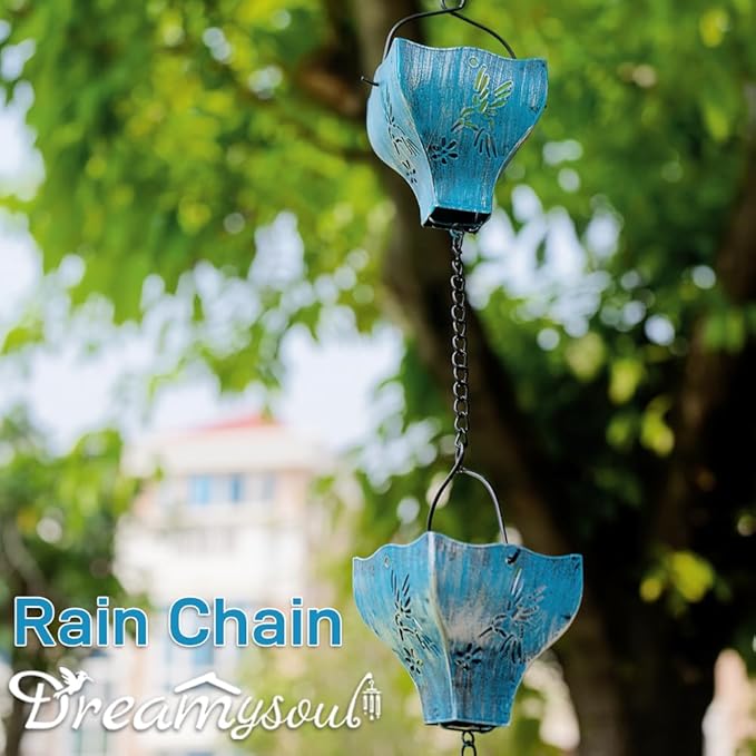 dreamysoul Rain Chains for Outside, 9.41FT with 8 Hollow Hummingbird Pattern Cups Rain Catcher Chains, Outdoor Rain Gutter Chains for Downspout, Eaves Drainage