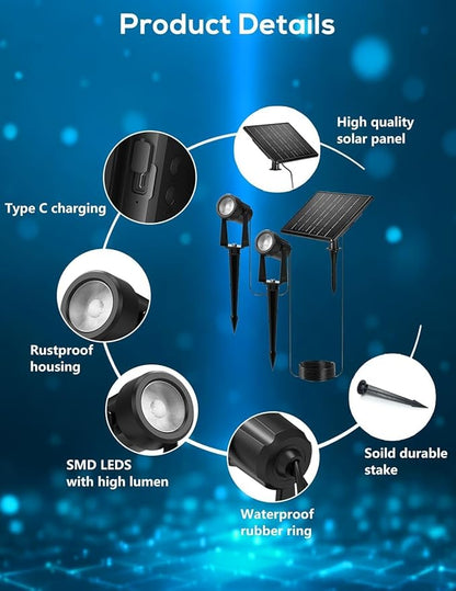 ZYAN Solar Landscape Spotlights, Separate Panels and USB-C Powered Auto On Off Dusk to Dawn, Outdoor IP65 Waterproof Spotlights, Warm White for Yard Path Patio (16 Pack)
