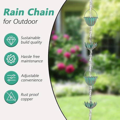 10.4FT Lotus Rain Chains for Outside, Rain Gutter Chain with 16 Cups, Adjustable Rain Catcher Chain for Eaves Drainage, Replacement for Downspout