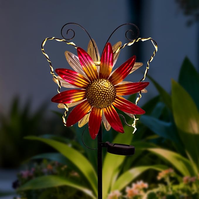 Solar Wind Spinners Outdoor,Butterfly Garden Windmill Metal Flower Wind Sculptures for Yard Art Lawn Decor(Red)