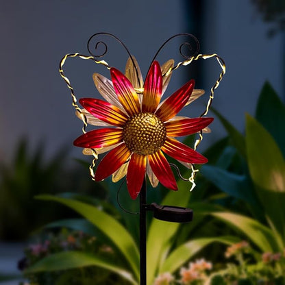 Solar Wind Spinners Outdoor,Butterfly Garden Windmill Metal Flower Wind Sculptures for Yard Art Lawn Decor(Red)