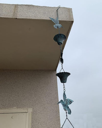 Rain Chain 8.5FT, Hummingbird and Cup Rain Chains for Gutters, Functional Replacement for Downspout, Metal Rainwater Catcher Chain, Outdoor Garden Decor, Antique Blue