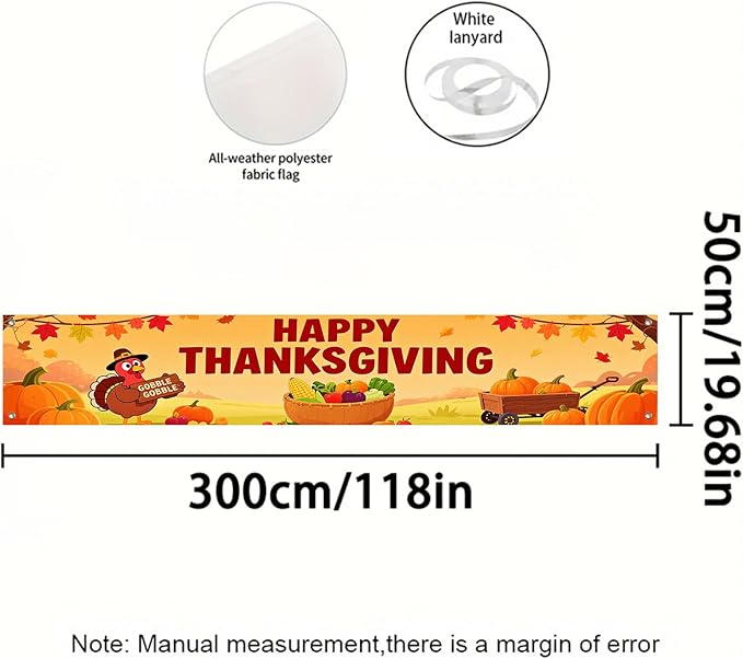 BlissYard Happy Thanksgiving Banner Autumn Pumpkin Outdoor Decoration Thanksgiving Turkey Yard Lawn Porch Hanging Decor 118 x 20 inchs Happy Fall Garden Fence Banner