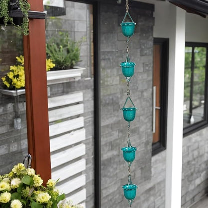 Evergreen Garden Blue Flower Cups Metal Rain Chains for Gutters | 6 ft. Long | Rain Catcher Chain Replacement Downspout | Decorative Rain Chains for Outside Garden Balcony Porch