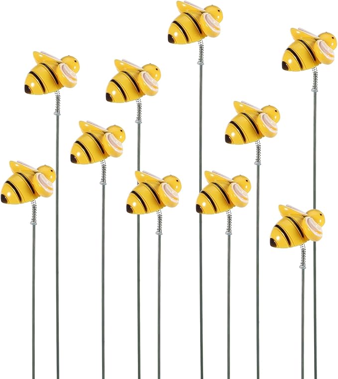 10PCS Bee Garden Stakes Decor Small Bees Yard Decor Metal Garden Stakes Honey Bee Decors Spring Summer Resin Bumble Bees Gardens Stake for Lawn Corridor Plant Pot Pathway Flower Bed