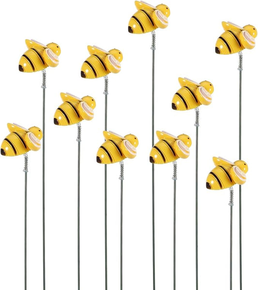 10PCS Bee Garden Stakes Decor Small Bees Yard Decor Metal Garden Stakes Honey Bee Decors Spring Summer Resin Bumble Bees Gardens Stake for Lawn Corridor Plant Pot Pathway Flower Bed