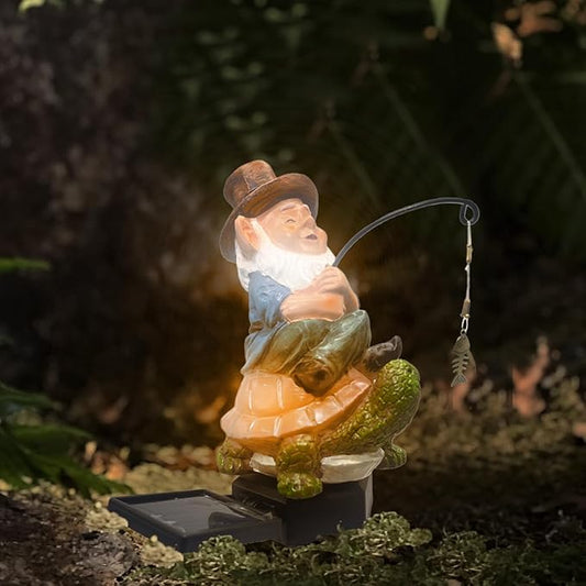 Garden Gnome Solar LED Turtle Fishing Pond Statue Decoration, Outdoor Koi Pond Waterfall Lawn Decor, 5.3" Poolside Statue with Ground Insertion