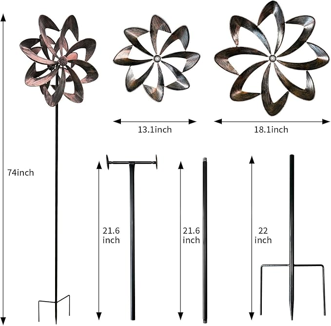 GUAGUA Classical Metal Wind Spinner Outdoor, 360 Degrees Swivel Wind Spinners for Yard and Garden, 74 in Wind Sculptures Willow Leaves Patio Decor (Bronze)