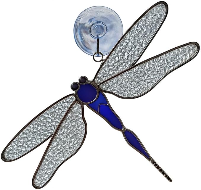 SassyXpressions Blue Dragonfly Stained Glass Suncatcher – 7 x 5.5 Inch Window Hanging – Real Stained Glass Plated with a Silver Finish – Blue Dragonfly Ornament