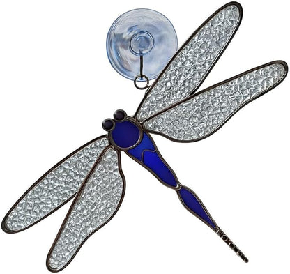 SassyXpressions Blue Dragonfly Stained Glass Suncatcher – 7 x 5.5 Inch Window Hanging – Real Stained Glass Plated with a Silver Finish – Blue Dragonfly Ornament