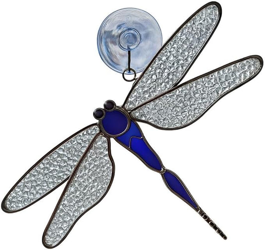 SassyXpressions Blue Dragonfly Stained Glass Suncatcher – 7 x 5.5 Inch Window Hanging – Real Stained Glass Plated with a Silver Finish – Blue Dragonfly Ornament