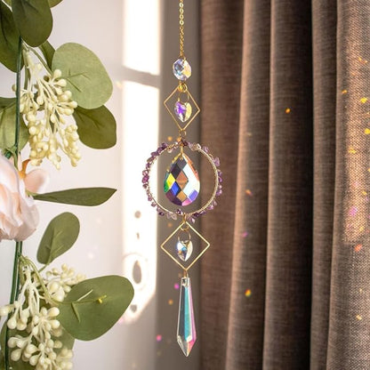 Crystal Suncatchers Window Hanging Wind Chime Natural Fluorite Amethyst Pendant Ornament,for Home, Garden Tree Plants, and Meditation Decor (Purple)