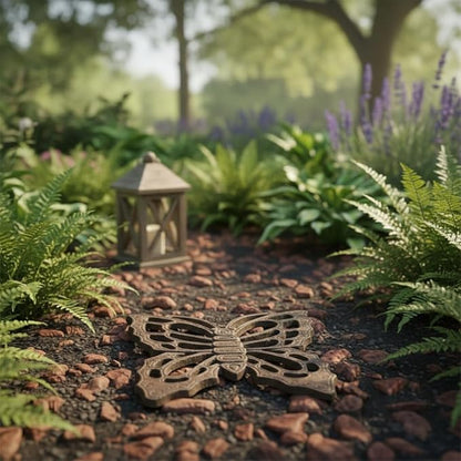 Comfy Hour 11" Vintage Brown Butterfly Duo Stepping Stones, Rustic Antique Figurine Style Home Decor, Heavy Duty Metal Garden Pathway Paver (Set of 2)