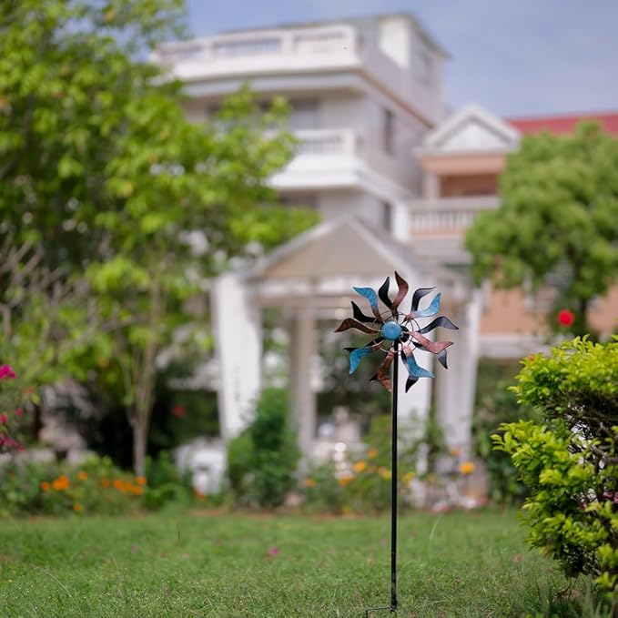 Wind Spinner Outdoor, 13 Inch Dia Kinetic Wind Sculptures & Spinners, 41" Tall Metal Windmill for Garden Yard Decor, Copper Blue