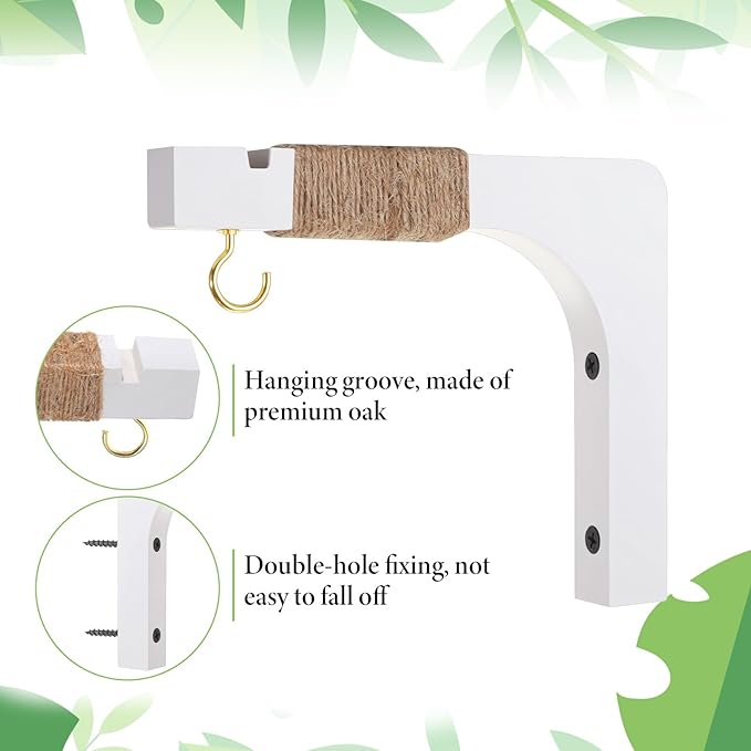 4 Pack Wooden Plant Hangers Hanging Wall Plant Hooks Farmhouse Wooden Hanging Basket Wall Hooks for Lanterns, Flower Bracket, Wind Chimes, Lamp, Bird Feeders, Patio Decor, White, 6 inch