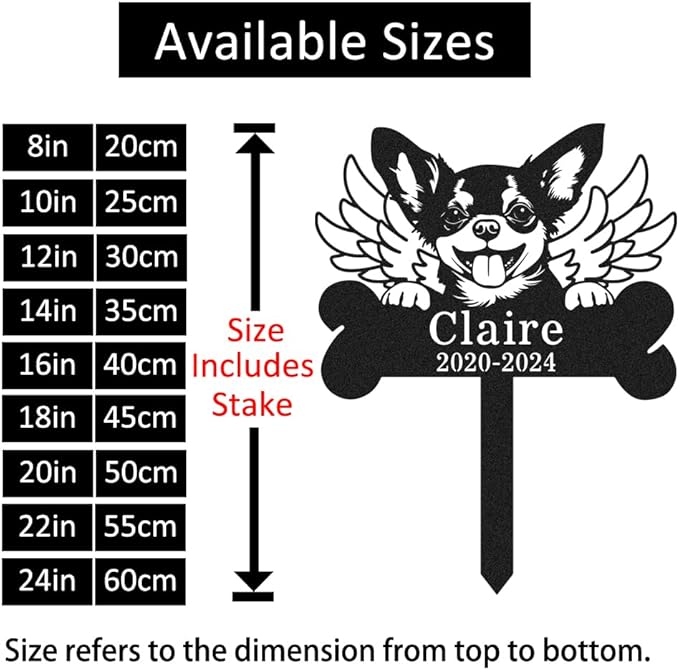 Custom Dog Memorial Grave Marker with Wings, Personalized Chihuahua Memorial Stake Bone Burial Marker Metal Engraved Sign, Customized Dog Memorial Decorations Garden Stake with Name & Date