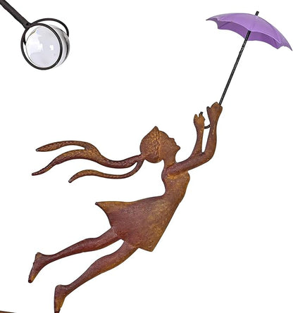 Metal Balanced Garden Decorative Stakes 67.5" High, Rusty Funny Iron Balancing Yard Art, Beach Decor Balancer Stake, Girl Holds Umbrella, Present to Mother Woman as Lawn Court Patio Outside Art