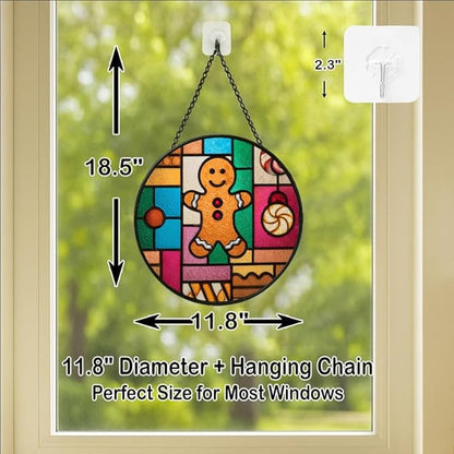 Stained Glass Window Hanging - Christmas Color Block Gingerbread Cookie with Peppermint Ornaments Sun Catchers Panel for Indoor Decorative Display for Mom,Wife,Lovers,Festive