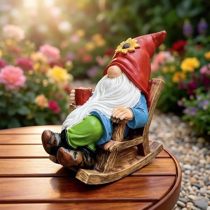 Outdoor Garden Gnome Statue Decoration- Funny drinking coffee Gnome Figurine Ornament for Indoor Outdoor Home Patio Yard Lawn - Lucky Gnome Unique Mom Birthday Gifts - Best Garden Gifts for Day