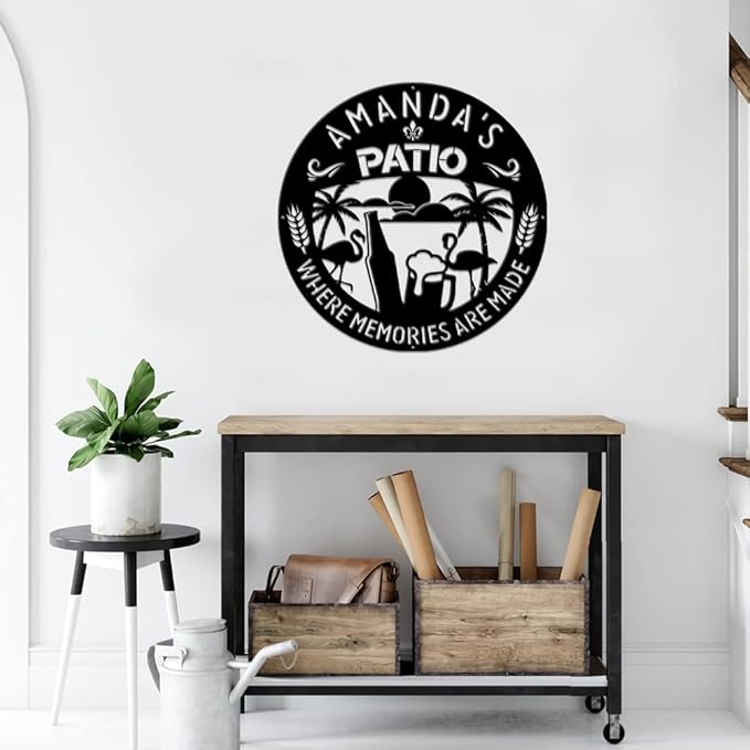 MeMate Patio Sign Outdoor Decor, Personalized Metal Sign for Backyard, Patio, Custom Name Signs for Garden Porch, Deck, Flamingo Beer Large Metal Sign for Outside, Housewarming Gifts