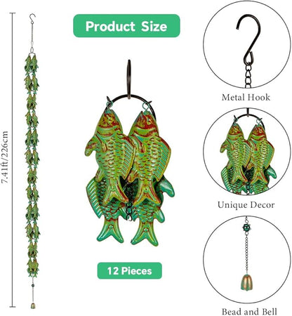 7.4ft Rain Chains for Gutters, Fish-Shaped Rain Chain with 12-Piece, Adjustable Rain Catcher Chain with Bell, Replacement Downspout for Gutters, Eaves, and Drainage
