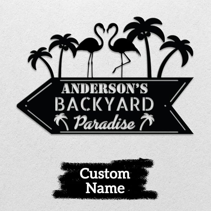 MeMate Personalized Outdoor Sign - Flamingo House Metal Sign for Porch Deck Backyard Patio Pool, Housewarming Gift