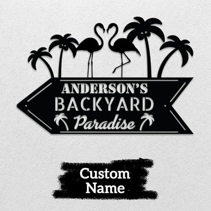 MeMate Personalized Outdoor Sign - Flamingo House Metal Sign for Porch Deck Backyard Patio Pool, Housewarming Gift
