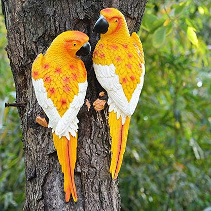 Large Parrot Decor Outdoor Tiki Bar Decorations Realistic Parrot Statues for Outside Lifelike Bird Fake Macaw Sculptures Garden Patio Yard Law Tropical Tree Wall Decoration(Yellow)