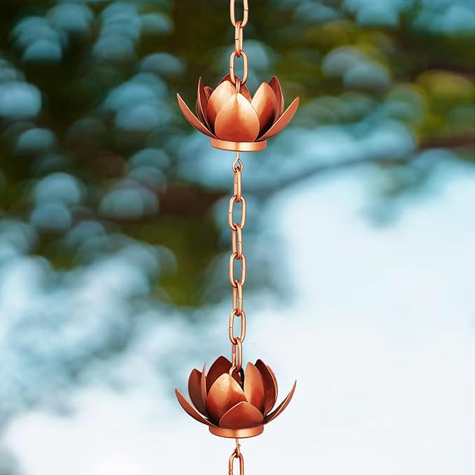 Rifachua 8.5ft Rain Chain for Gutters Downspouts Outside, Copper Plated Lotus Rain Chain Cups, Functional and Decorative Replacement for Gutter Downspouts